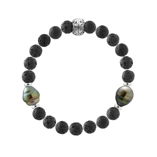 Tahitian Bracelet Natural Lava Stone - 2 Genuine Tahitian Cultured Pearls 9-10 mm + Solid Silver - Image 1