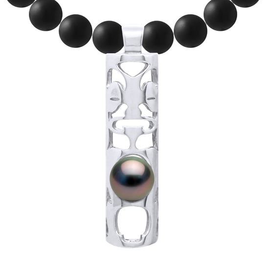 MATTE BLACK AGATE Necklace 6 mm Round with TIKI Pendant Tahitian Pearl 8-9 mm Round - Image 1
