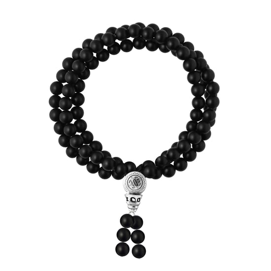 Tibetan Triple Row Bracelet - POWER OF LIBERATION - Genuine MATTE BLACK AGATE - Rhodium-Plated Solid - Image 1