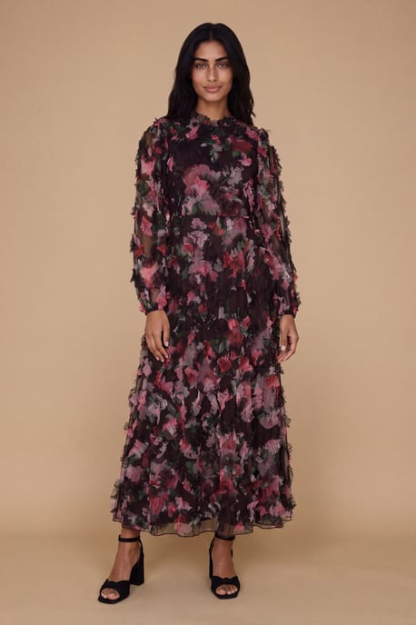 Petite Long Sleeve Printed Mesh Midi Dress - Image 1