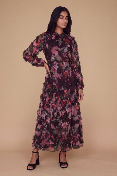 Petite Long Sleeve Printed Mesh Midi Dress - Image 3