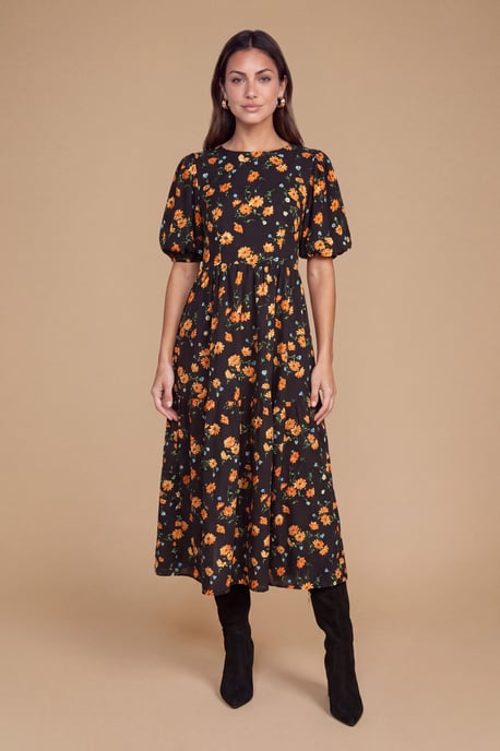 Petite Puff Sleeve Black Floral Midi Dress - Image 1