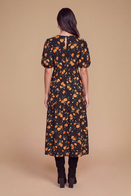 Petite Puff Sleeve Black Floral Midi Dress - Image 2