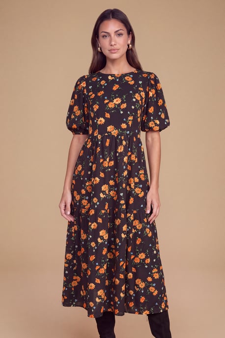 Petite Puff Sleeve Black Floral Midi Dress - Image 3