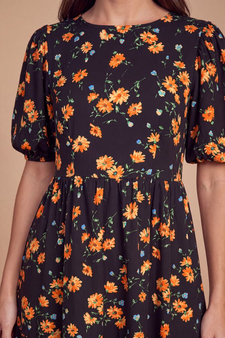 Petite Puff Sleeve Black Floral Midi Dress - Image 4