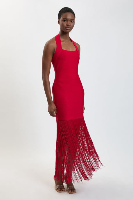 Figure Form Bandage Fringe Knit Halter Neck Midi Dress - Image 1