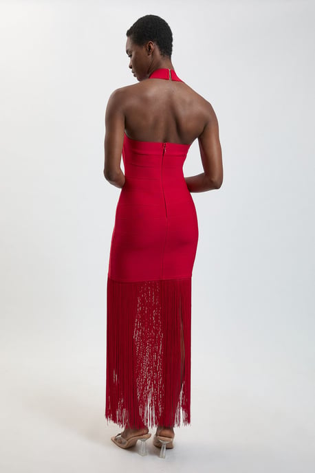 Figure Form Bandage Fringe Knit Halter Neck Midi Dress - Image 3