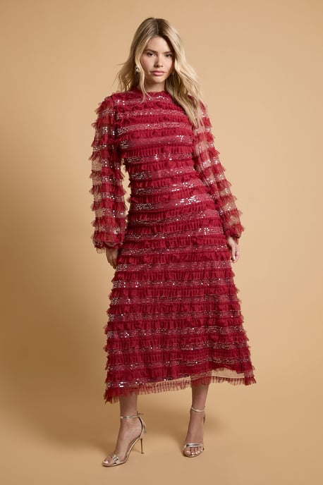 Long Sleeve Printed Mesh Midi Dress - Image 1
