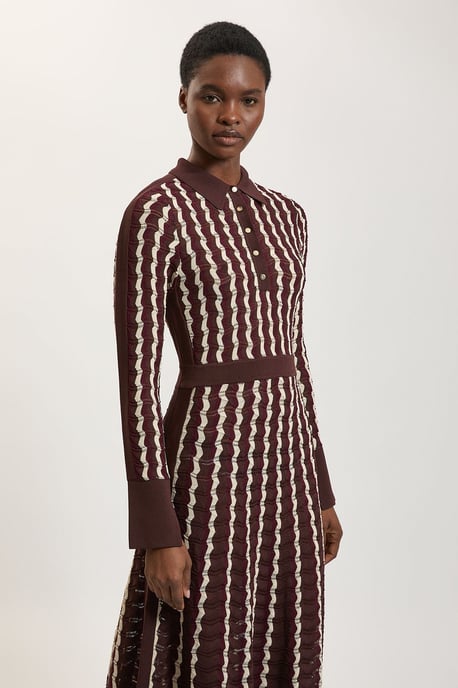 Knit Pointelle Contrast Collared Midi Dress - Image 2