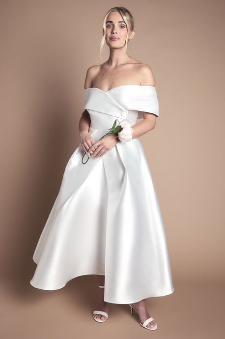 Lisa Tan Petite Twill Bardot Waisted Midi Wedding Dress - Image 1