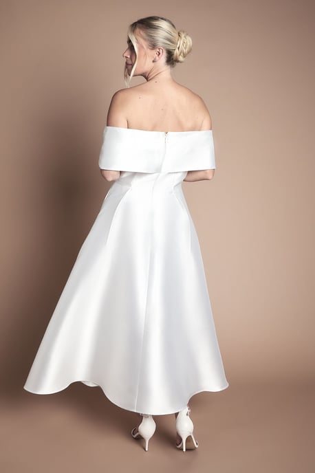 Lisa Tan Petite Twill Bardot Waisted Midi Wedding Dress - Image 3