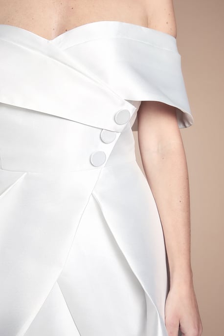 Lisa Tan Petite Twill Bardot Waisted Midi Wedding Dress - Image 4