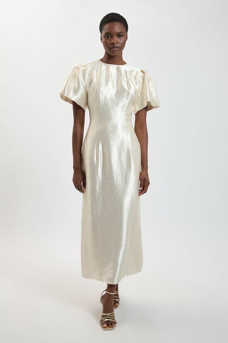 Puff Sleeve Metallic Textured Midi Dress - Image 1