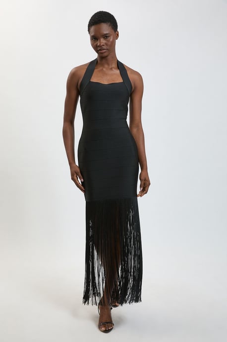 Figure Form Bandage Fringe Knit Halter Neck Midi Dress - Image 4
