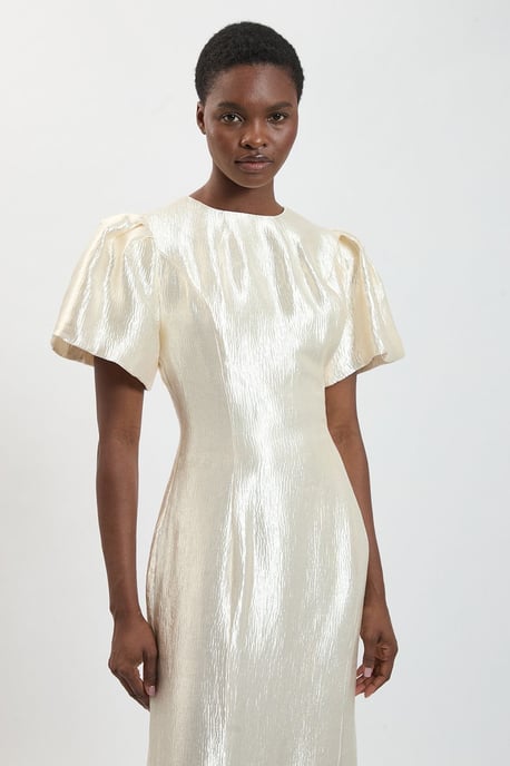 Puff Sleeve Metallic Textured Midi Dress - Image 4