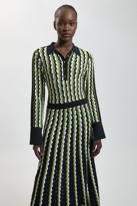 Knit Pointelle Contrast Collared Midi Dress - Image 2