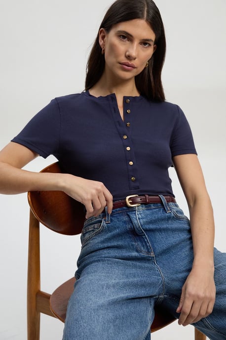 Petite Viscose Rib Button Up Crew Neck Tshirt - Image 1