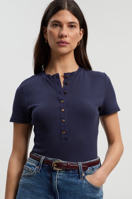 Petite Viscose Rib Button Up Crew Neck Tshirt - Image 2