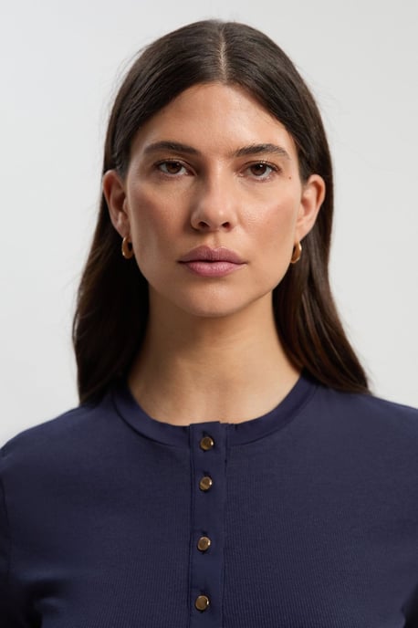 Petite Viscose Rib Button Up Crew Neck Tshirt - Image 3