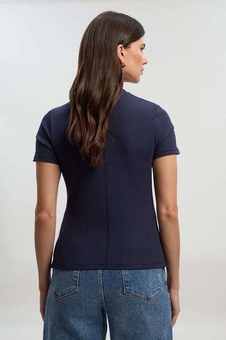 Petite Viscose Rib Button Up Crew Neck Tshirt - Image 4