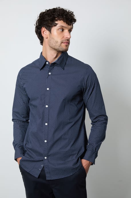 Navy Mini Print Long Sleeve Shirt - Image 1
