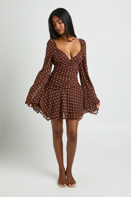 Polka Dot Ruched Sweetheart Pleated Skater Dress - Image 1