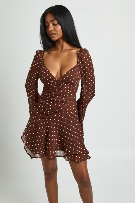 Polka Dot Ruched Sweetheart Pleated Skater Dress - Image 3