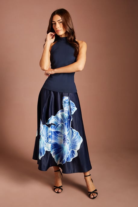 Satin Midi Skirt With Placement Print - Image 1