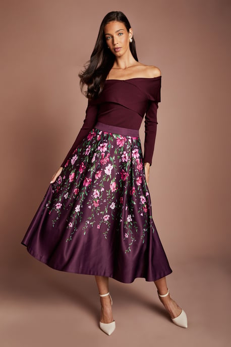 Satin Midi Skirt With Placement Print - Image 1