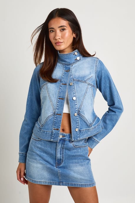Slim Fit Funnel Neck Seam Detail Denim Jacket - Image 1