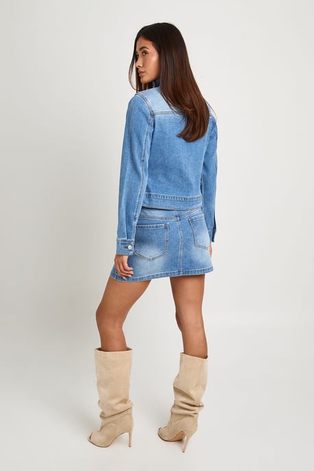 Slim Fit Funnel Neck Seam Detail Denim Jacket - Image 2