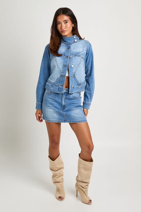Slim Fit Funnel Neck Seam Detail Denim Jacket - Image 3
