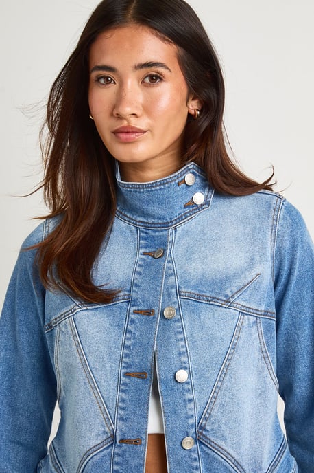 Slim Fit Funnel Neck Seam Detail Denim Jacket - Image 4