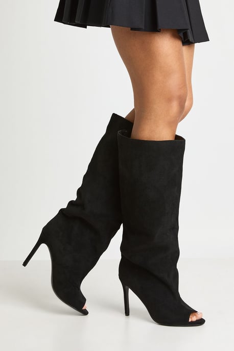 Faux Suede Slouchy Peep Toe Knee High Stiletto Boots - Image 1