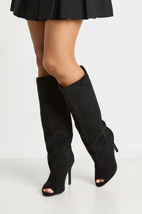Faux Suede Slouchy Peep Toe Knee High Stiletto Boots - Image 2