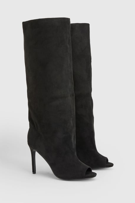 Faux Suede Slouchy Peep Toe Knee High Stiletto Boots - Image 3