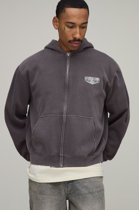 Oversized Boxy Moto Washed Zip Through Hoodie - Image 1