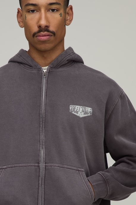 Oversized Boxy Moto Washed Zip Through Hoodie - Image 3