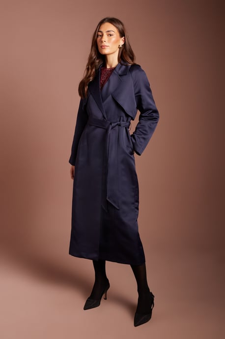 Navy Satin Occasion Belted Trench Coat - Image 1