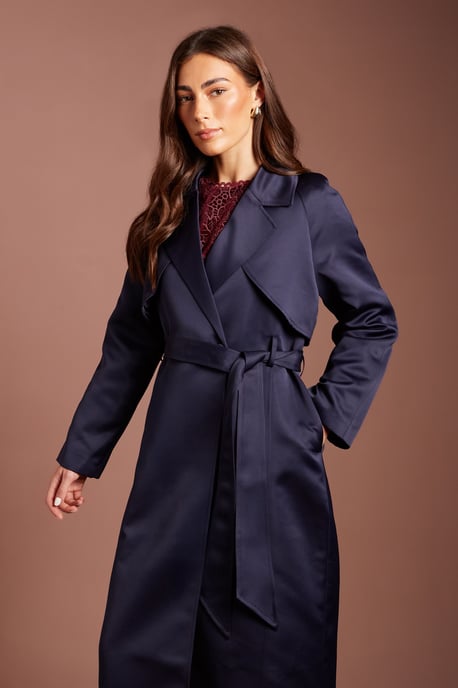Navy Satin Occasion Belted Trench Coat - Image 2