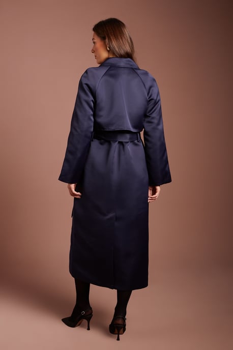 Navy Satin Occasion Belted Trench Coat - Image 3