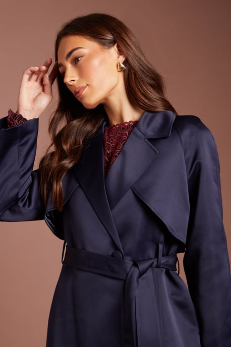 Navy Satin Occasion Belted Trench Coat - Image 4