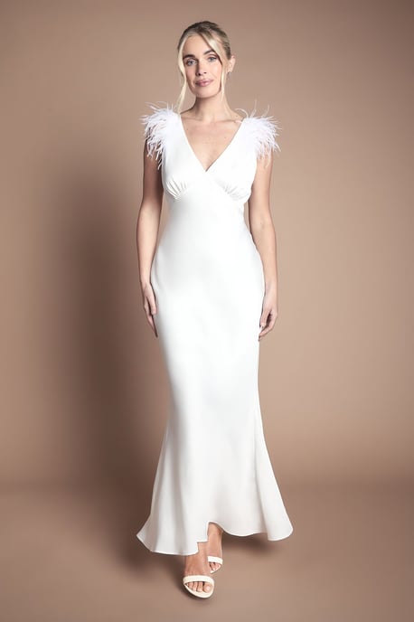 Petite Feather Shoulder Detail V Neck Satin Wedding Dress - Image 1