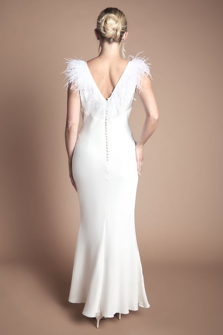 Petite Feather Shoulder Detail V Neck Satin Wedding Dress - Image 3