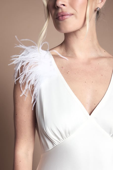 Petite Feather Shoulder Detail V Neck Satin Wedding Dress - Image 4
