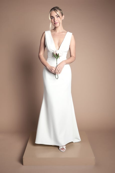 Coast Honoured Petite Premium Crepe Plunge Neck Fishtail Wedding Dress - Image 1