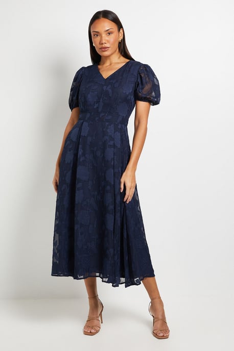 Floral Jacquard Puff Sleeve Midi Dress - Image 1