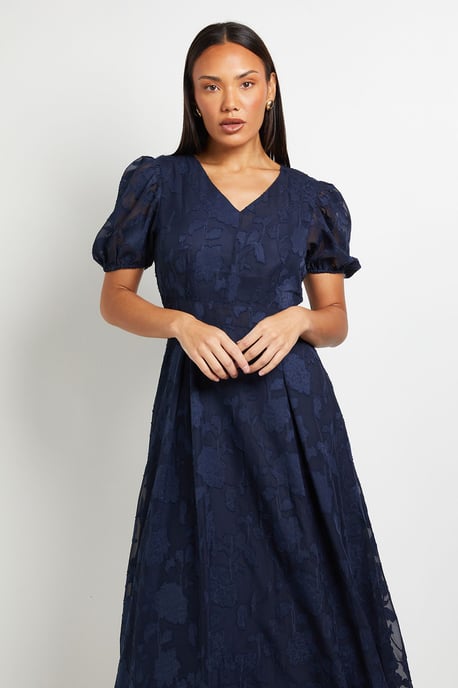 Floral Jacquard Puff Sleeve Midi Dress - Image 2