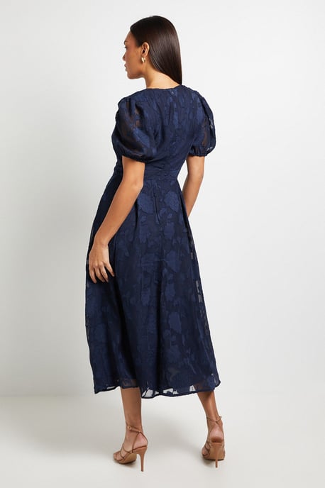 Floral Jacquard Puff Sleeve Midi Dress - Image 3