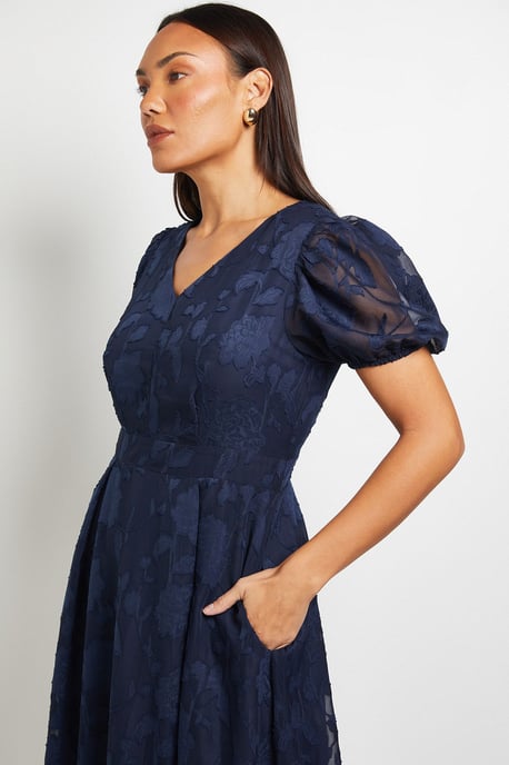 Floral Jacquard Puff Sleeve Midi Dress - Image 4